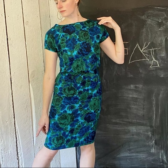 Vintage Dresses Vintage 5s Blue Green Rose Floral Cocktail Wiggle Dress By Buds Duluth Sm